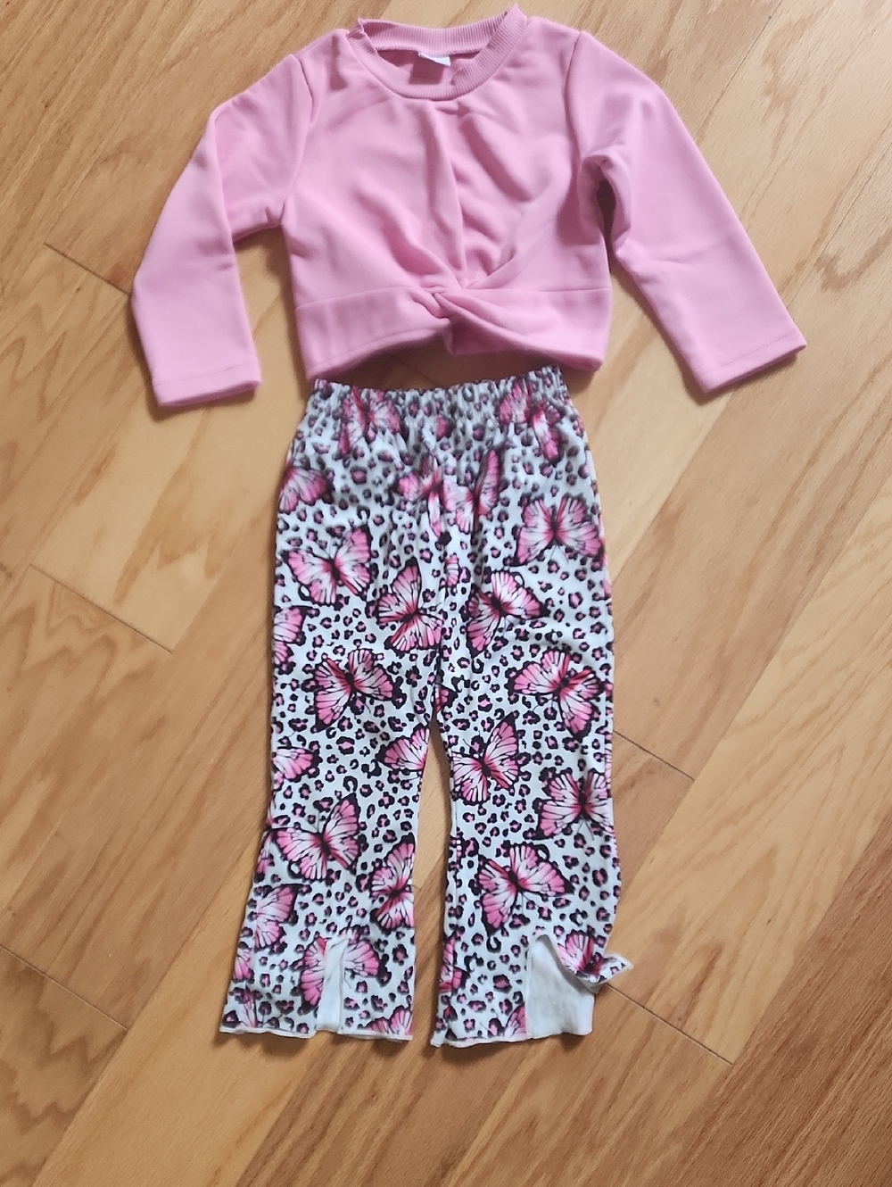 Girls Pink Knot Front Sweatshirt with Butterfly Print Pants 2-3T